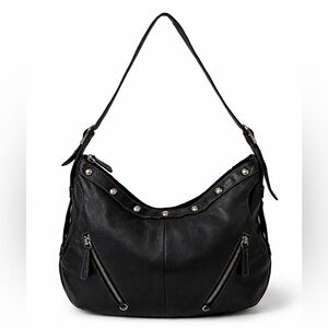 Kate Landry Black Leather Studded Hobo Shoulder Bag Slouchy Zip Pocket Purse